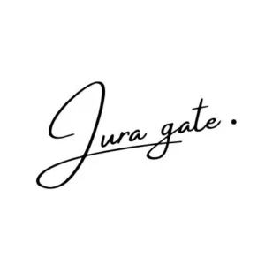 Stylized logo of "Jura gate" in elegant cursive font on a plain background.
