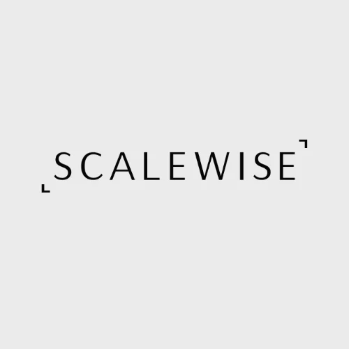 Logoet for ScaleWise præsenterer et moderne og minimalistisk design med store, tydelige bogstaver. Farveskemaet er enkelt og elegant, hvilket skaber en professionel og indbydende atmosfære. Det stilrene udtryk signalerer innovation og fokus på vækst.